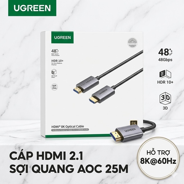 Cáp HDMI 2.1 Sợi Quang AOC Dài 25m UGREEN 55507 (HD183) - Hỗ Trợ 8K@60Hz, Băng Thông 48Gbps